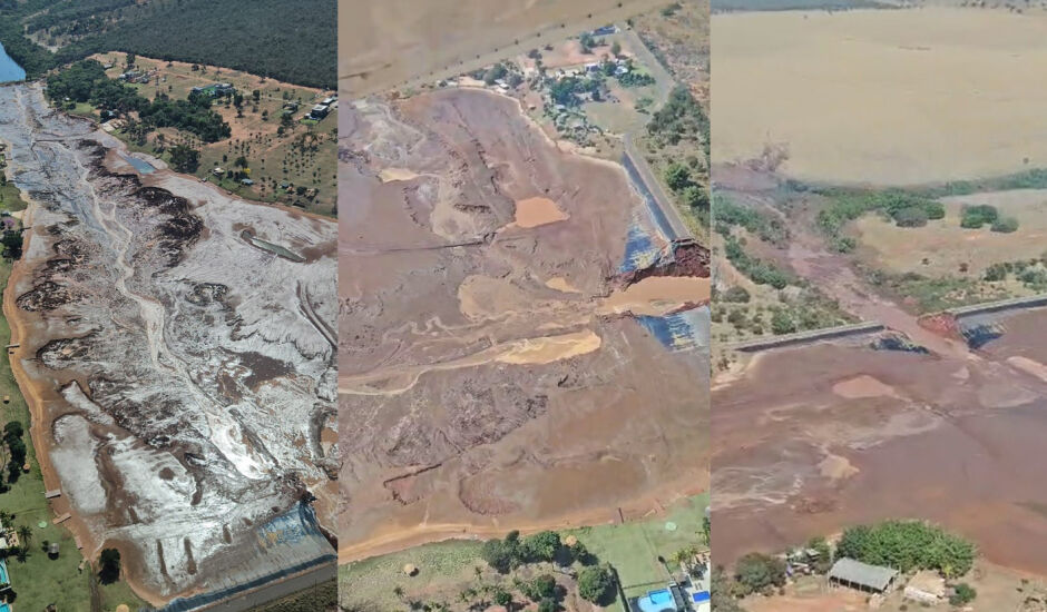 Imagens aéreas gravadas momentos após o rompimento da barragem