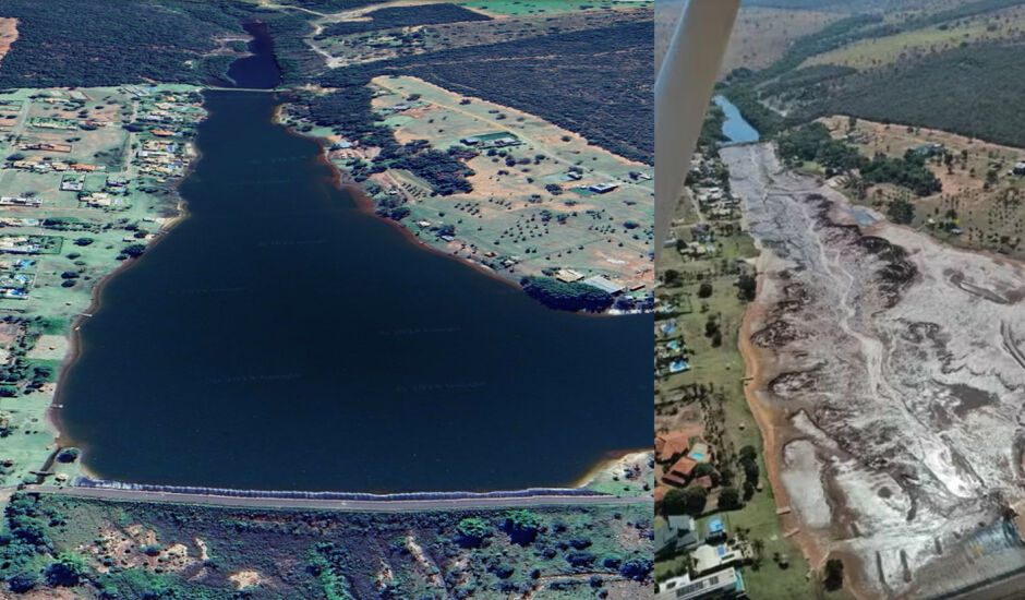 Antes e depois do rompimento da represa do Nasa Park, em Campo Grande