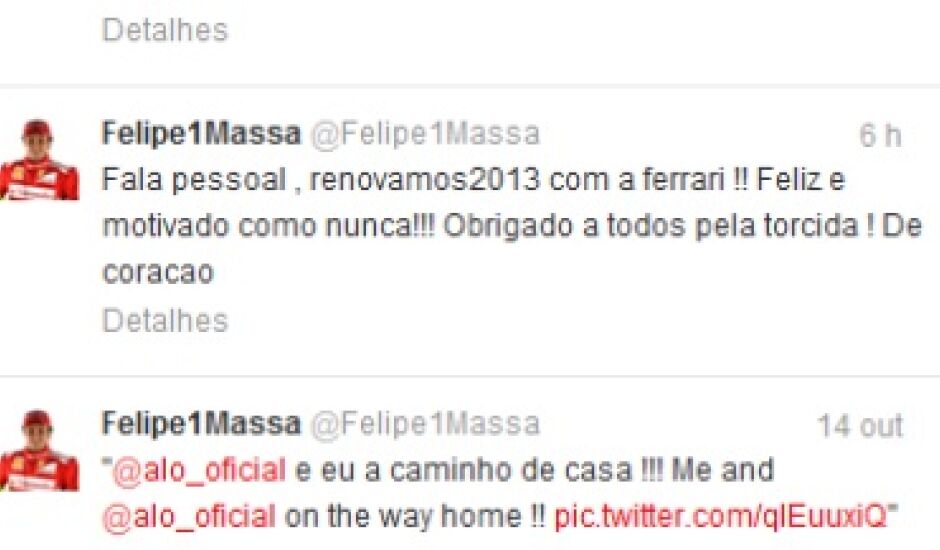 Mensagem do Twitter de Felipe Massa