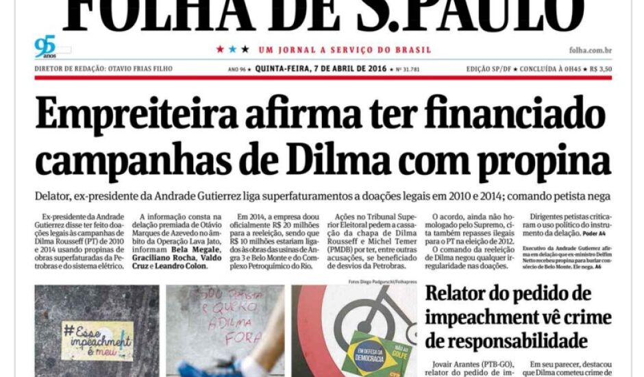 Capa do jornal Folha de S.Paulo com a denúncia de propina paga a Dilma