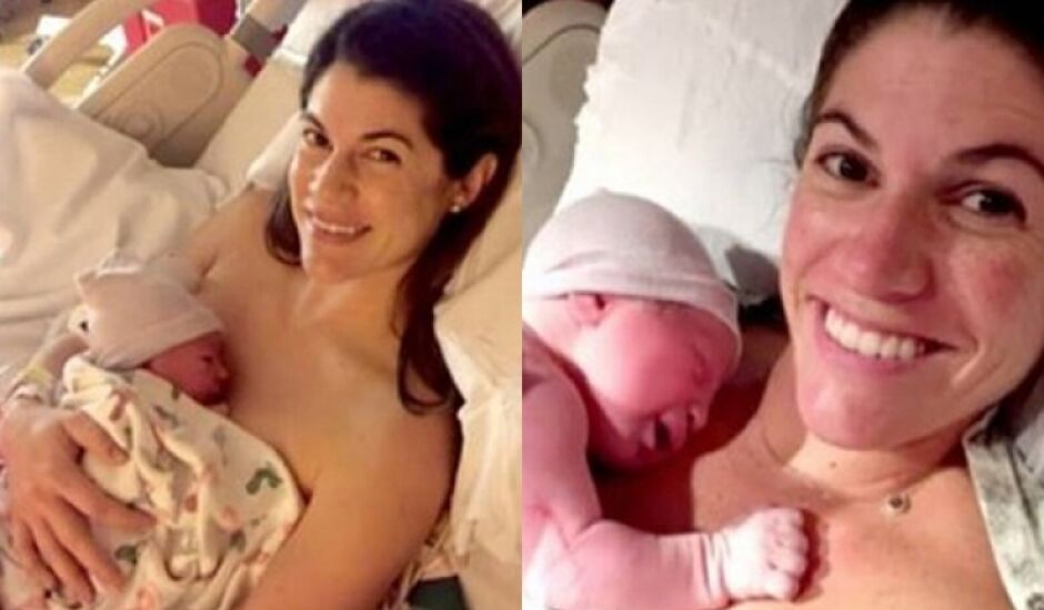 Com seus bebês recém-nascidos, Sarah, à esquerda, e Leah, à esquerda.