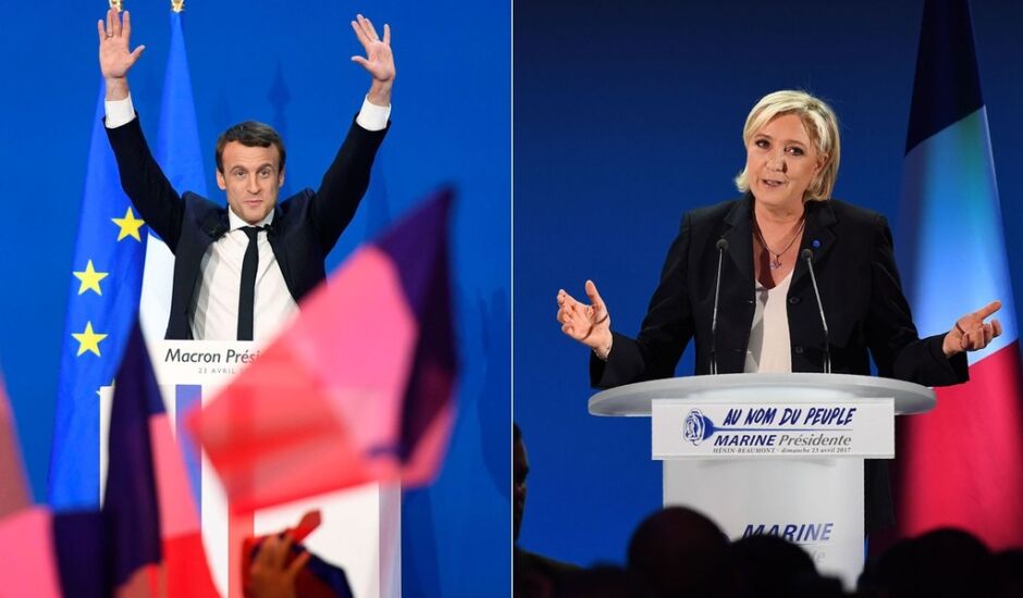 Emmanuel Macron e Marine Le Pen discursam após o término da votação na França