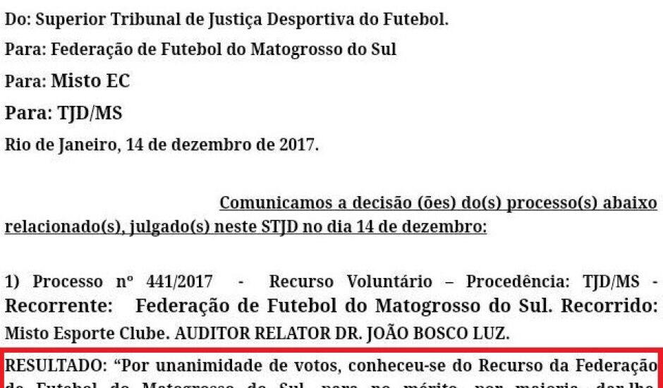 Despaço do STJD condena Misto à perda de registro