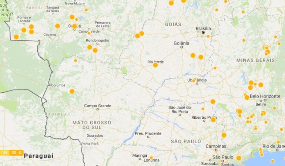 Mapa de tremores em diversas regiões, sendo que em MS o último  foi em 2017, em Aquidauana.