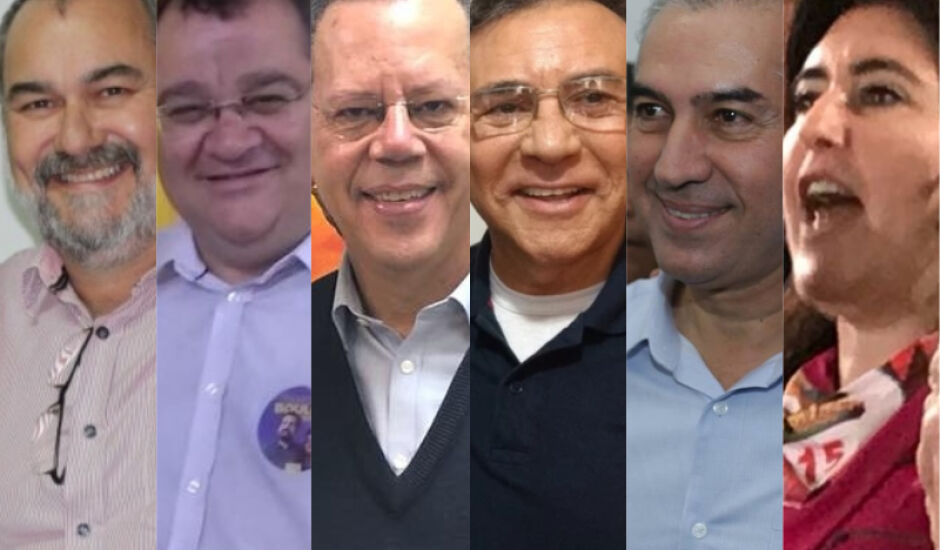 Da esq. à dir., Humberto Amaducci (PT), João Alfredo (PSOL), Marcelo Bluma (PV), Odilon de Oliveira (PDT), Reinaldo Azambuja (PSDB), Simone Tebet (MDB)