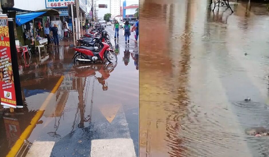 Parte da calçada na rua Treze de Maio foi tomada pela água da chuva